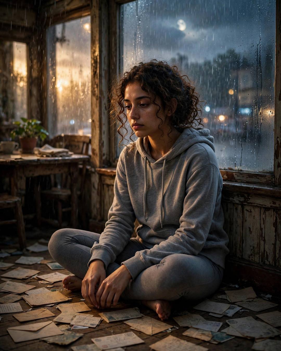 Young woman in grey hoodie sitting cross-legged among old letters by a fogged cafe window on a rainy night