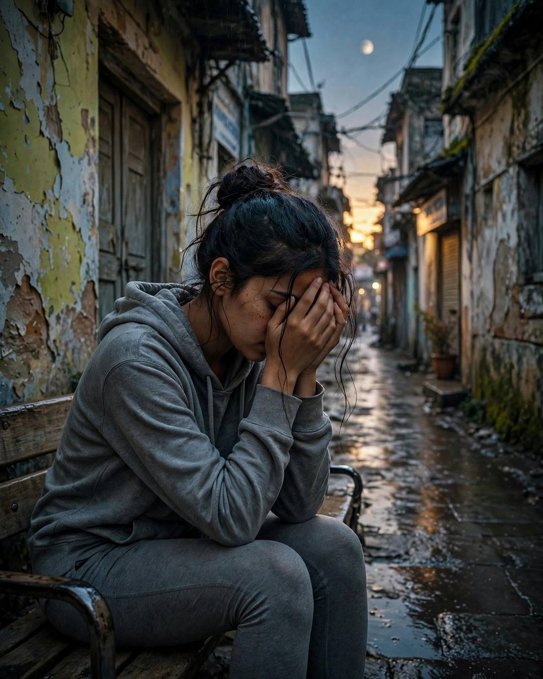 Young woman in grey hoodie sitting on a bench with her head in her hands in a drizzle-wet old-city lane