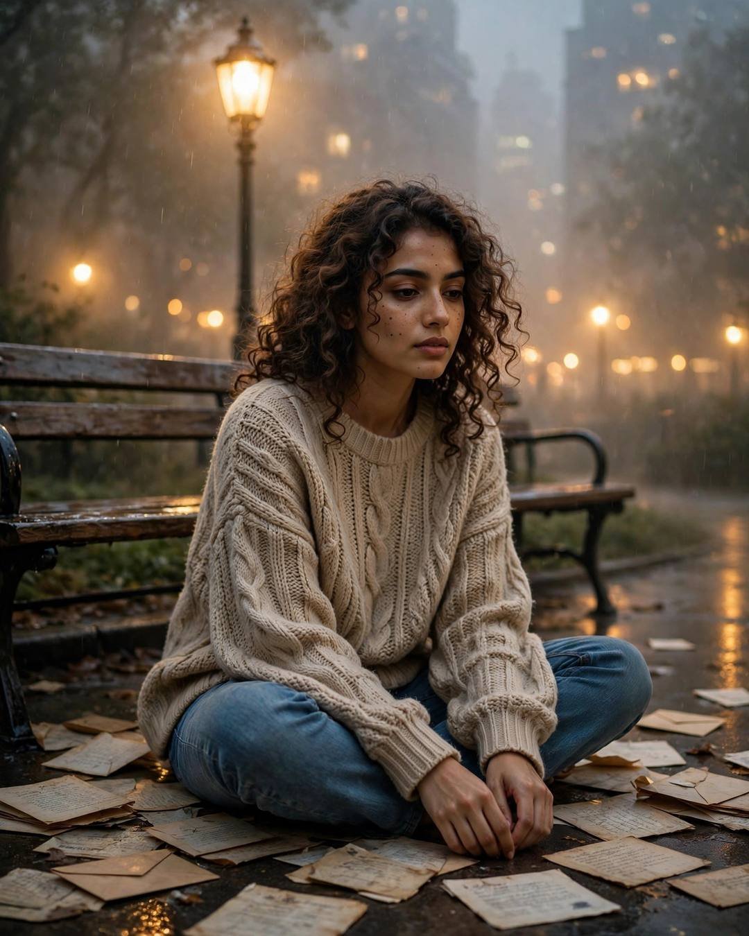 Young woman in beige sweater sitting among old letters under a lone lamp in a foggy park