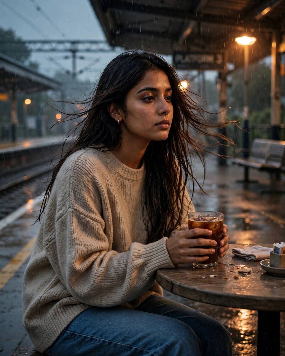 Young woman in beige sweater cradling cold coffee at a cafe table on an empty railway platform at night