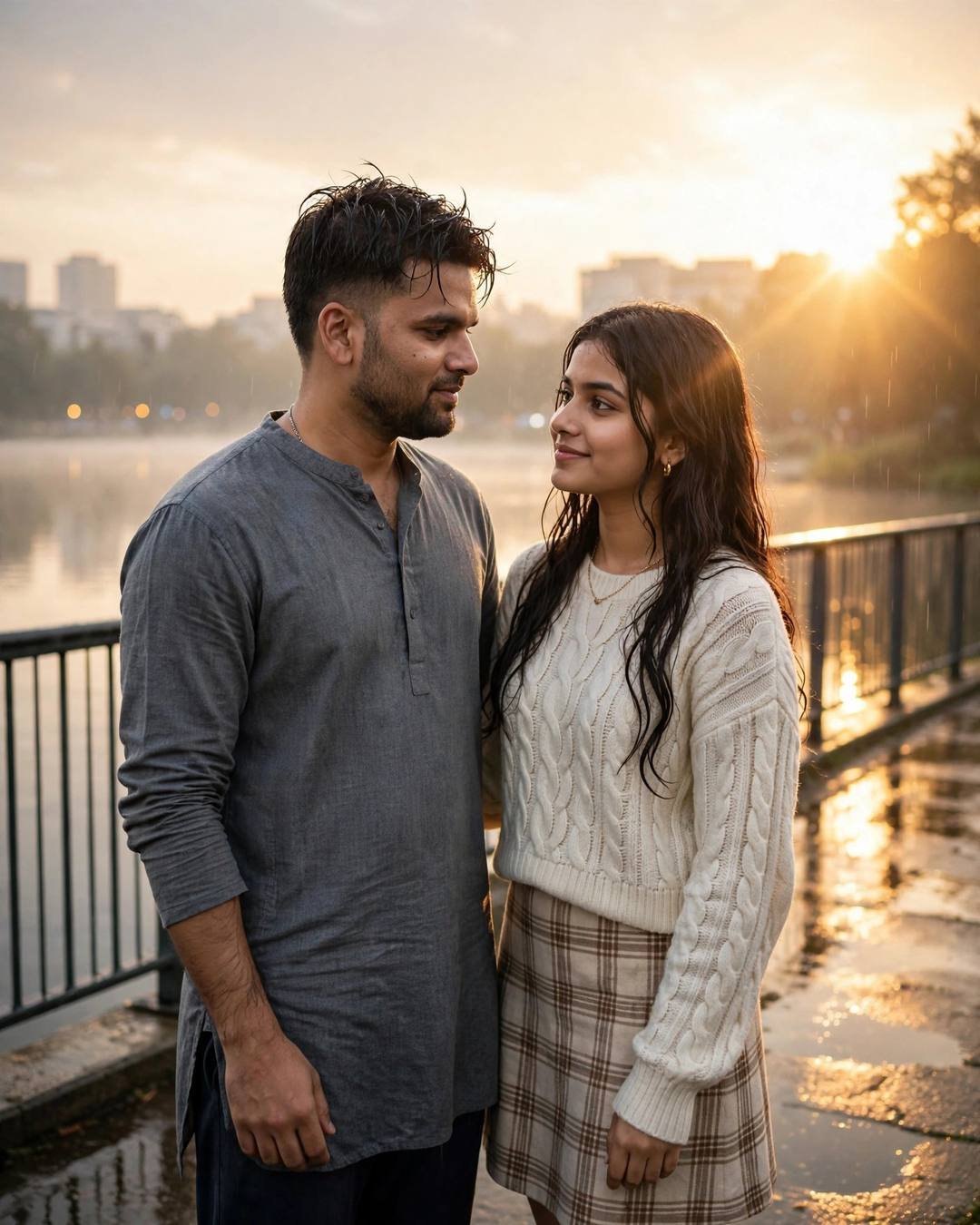 Couple facing each other on a bridge at dawn with golden backlight, man in grey kurta, woman in cream sweater
