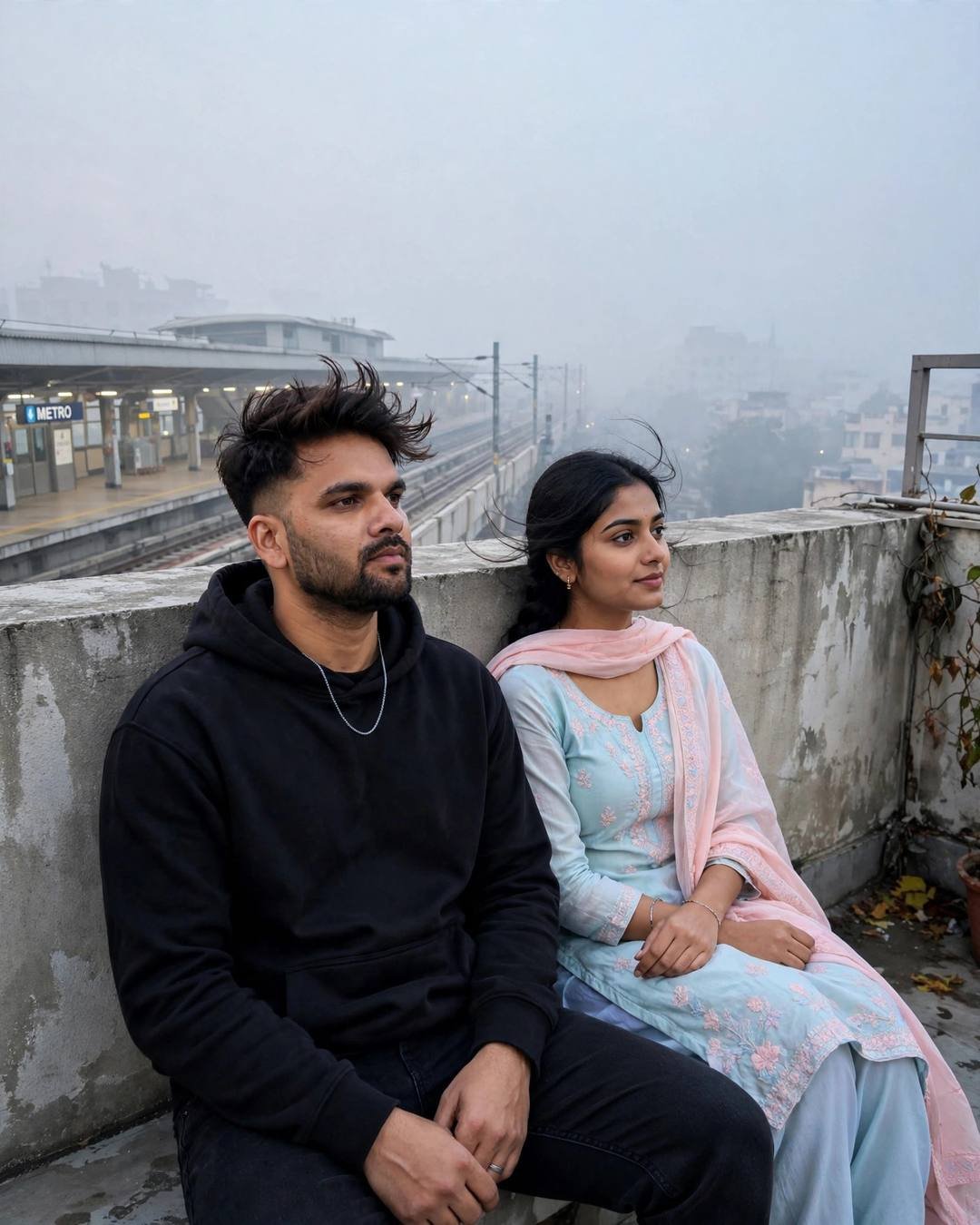 Couple sitting on a rooftop against a parapet wall above a foggy metro station at dawn