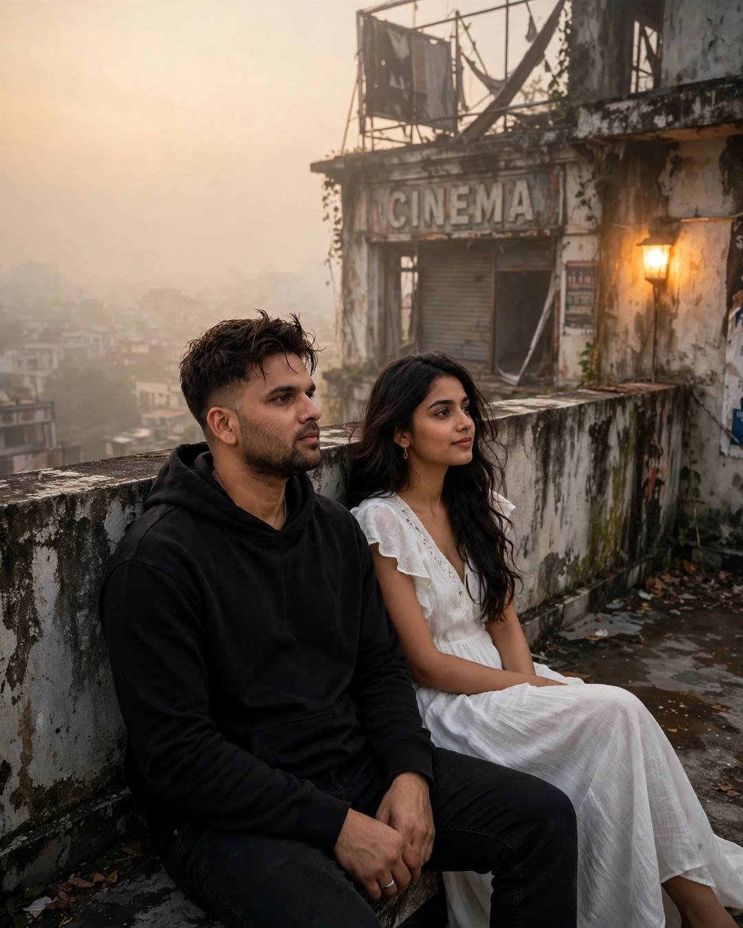 Couple sitting on a foggy rooftop at sunrise, man in black hoodie, woman in white dress, abandoned cinema behind