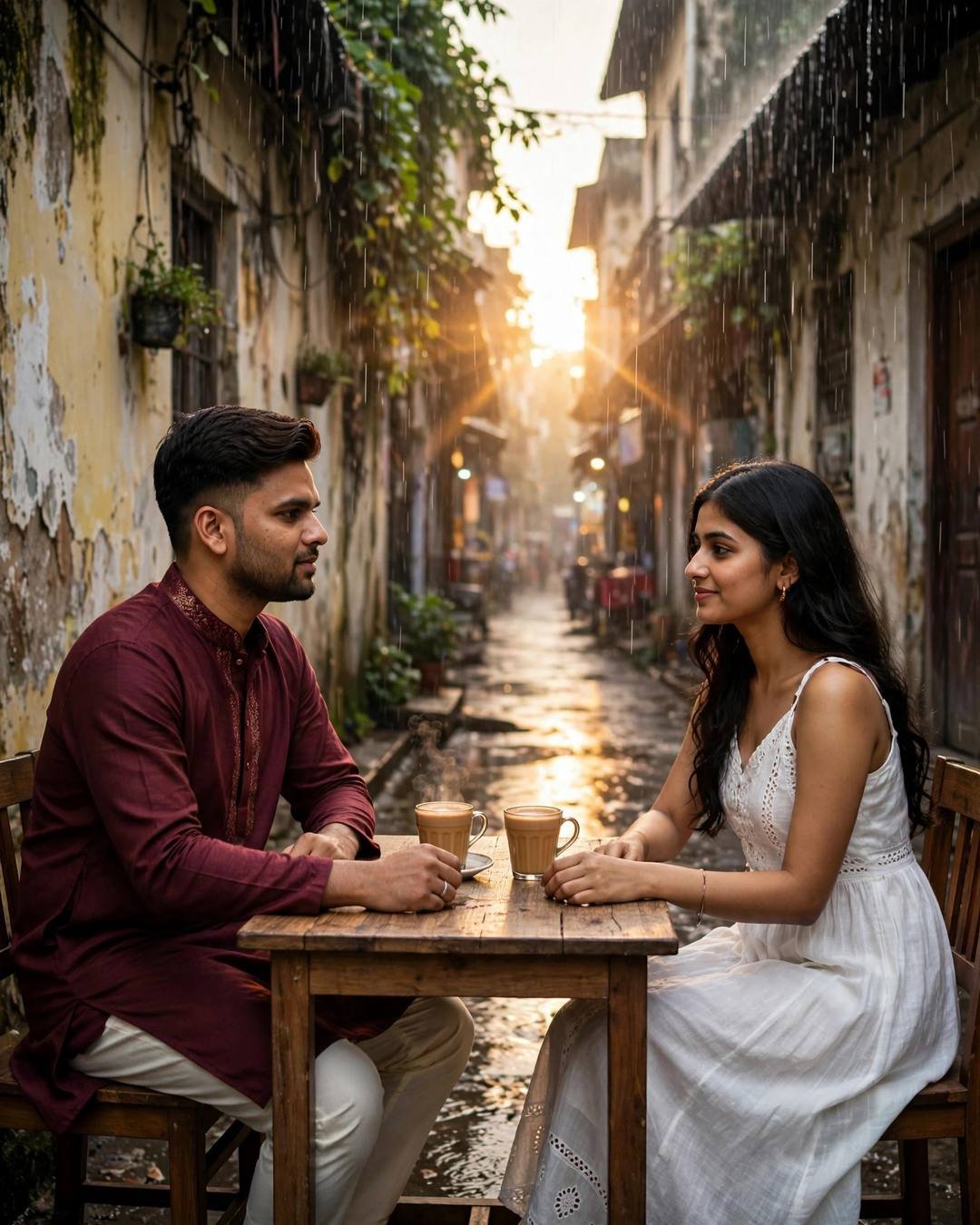 Couple sharing chai at a small table in a rain-washed old-city lane at dawn, golden backlight