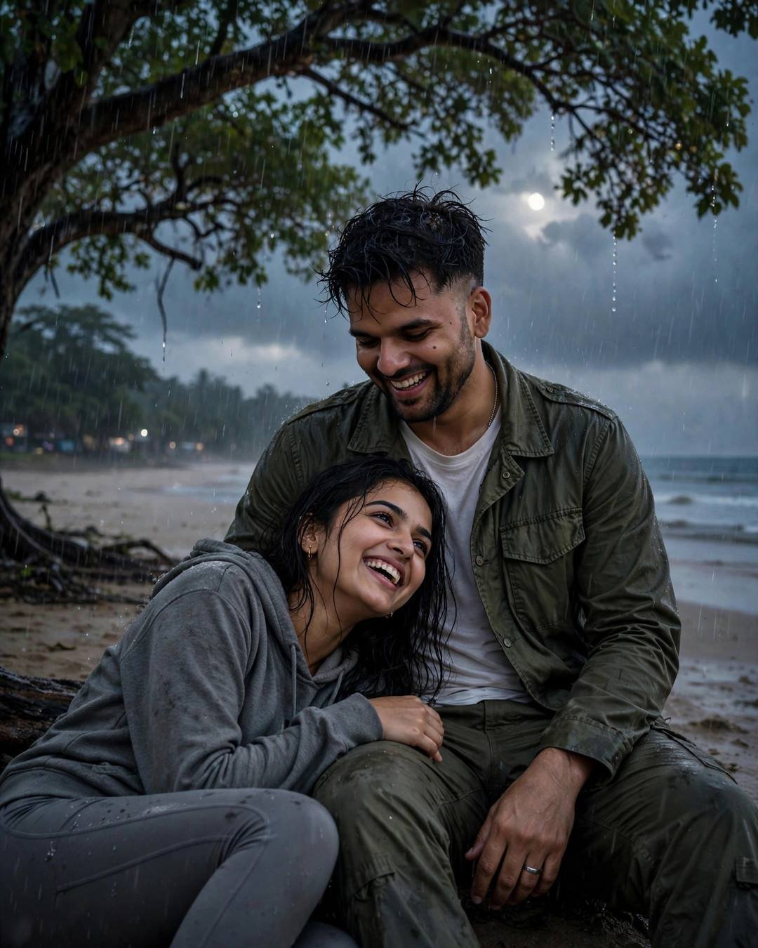 Couple laughing together under a tree on a monsoon beach at dusk