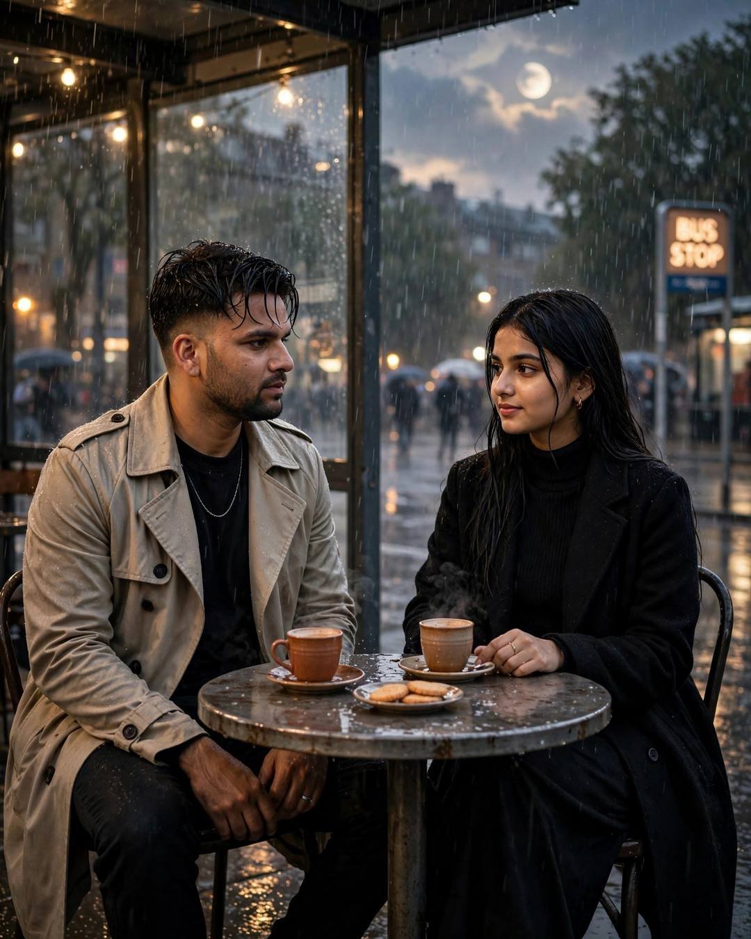 Couple sitting across a small cafe table in heavy rain at a bus stop at night, moon behind clouds