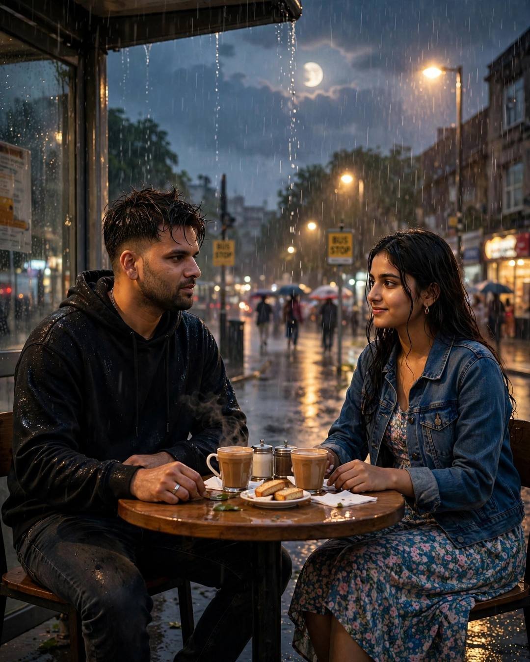 Couple talking over chai at a rainy bus stop cafe under moonlight