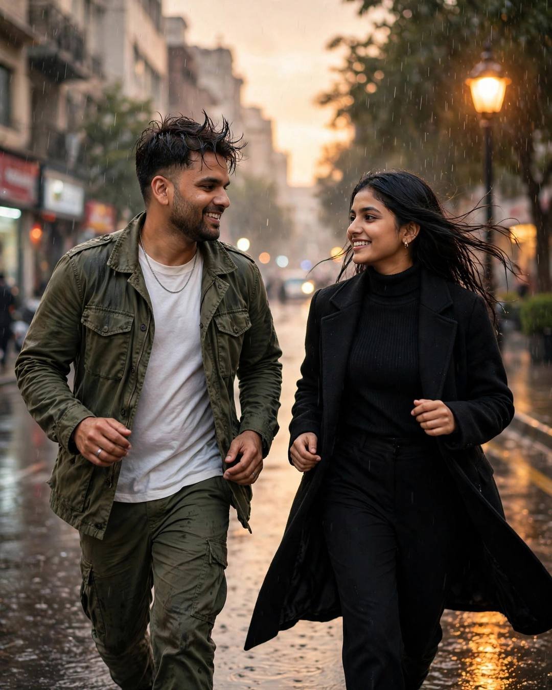 Couple running toward each other on a rainy city street at golden hour