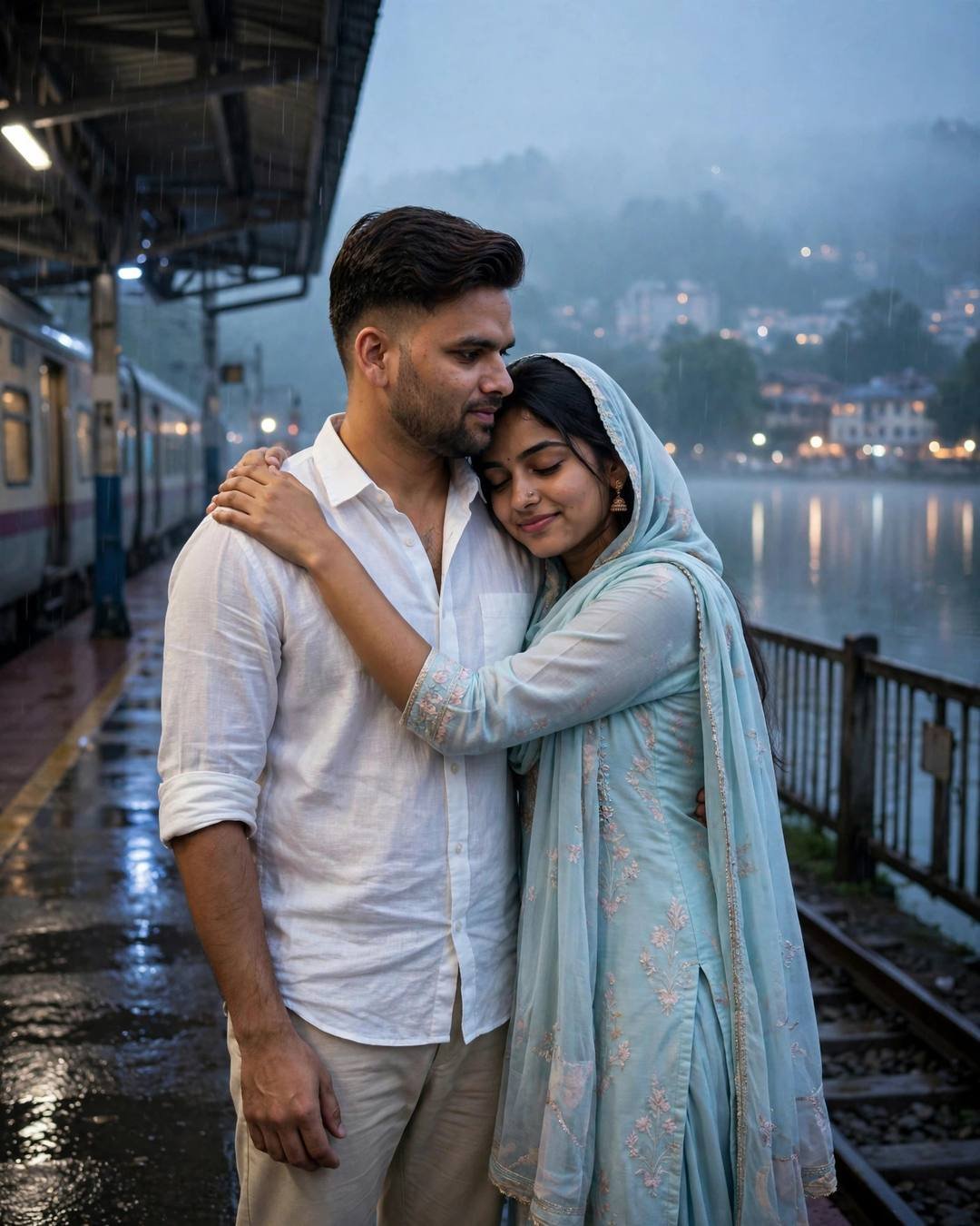 Couple embracing on a rainy railway platform at night, train waiting beside them