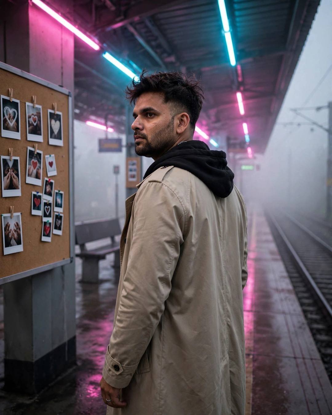 Man looking at heart polaroids on an empty neon-lit platform in fog