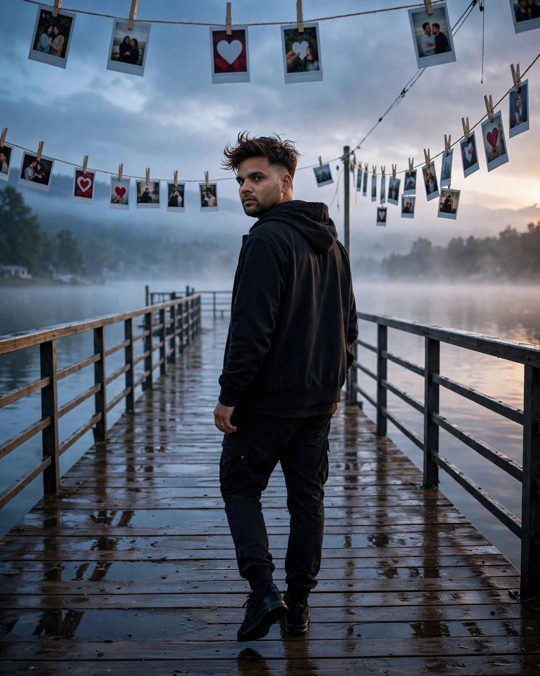 Man walking away on a misty pier beneath hanging polaroid photos