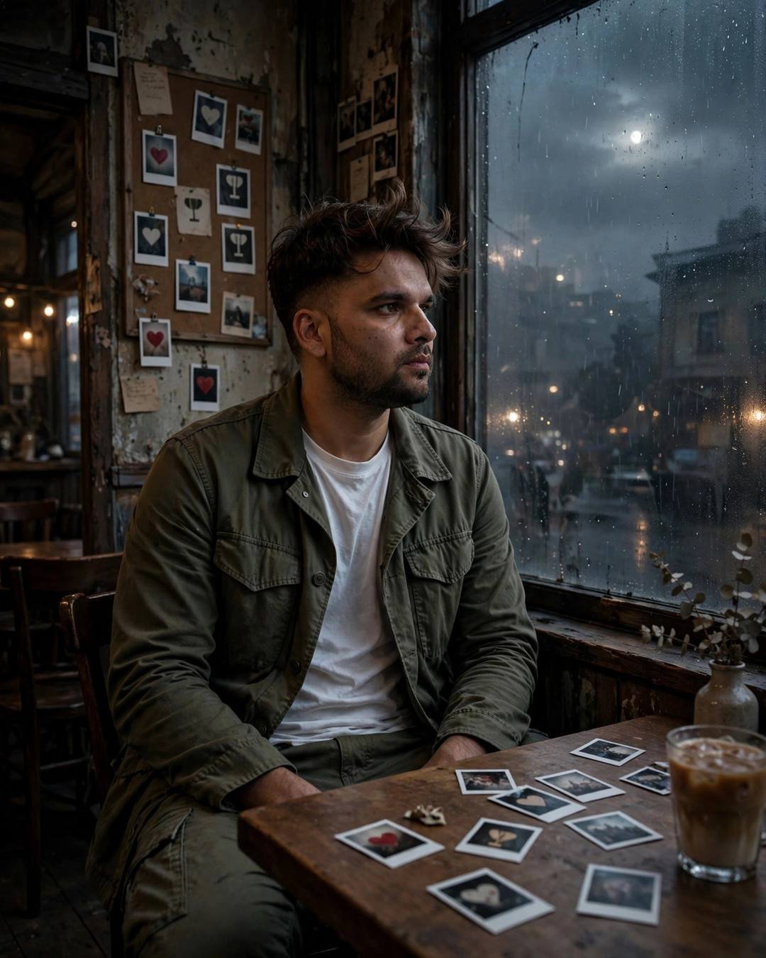 Man lost in thought at an old cafe window with polaroids and moonlight