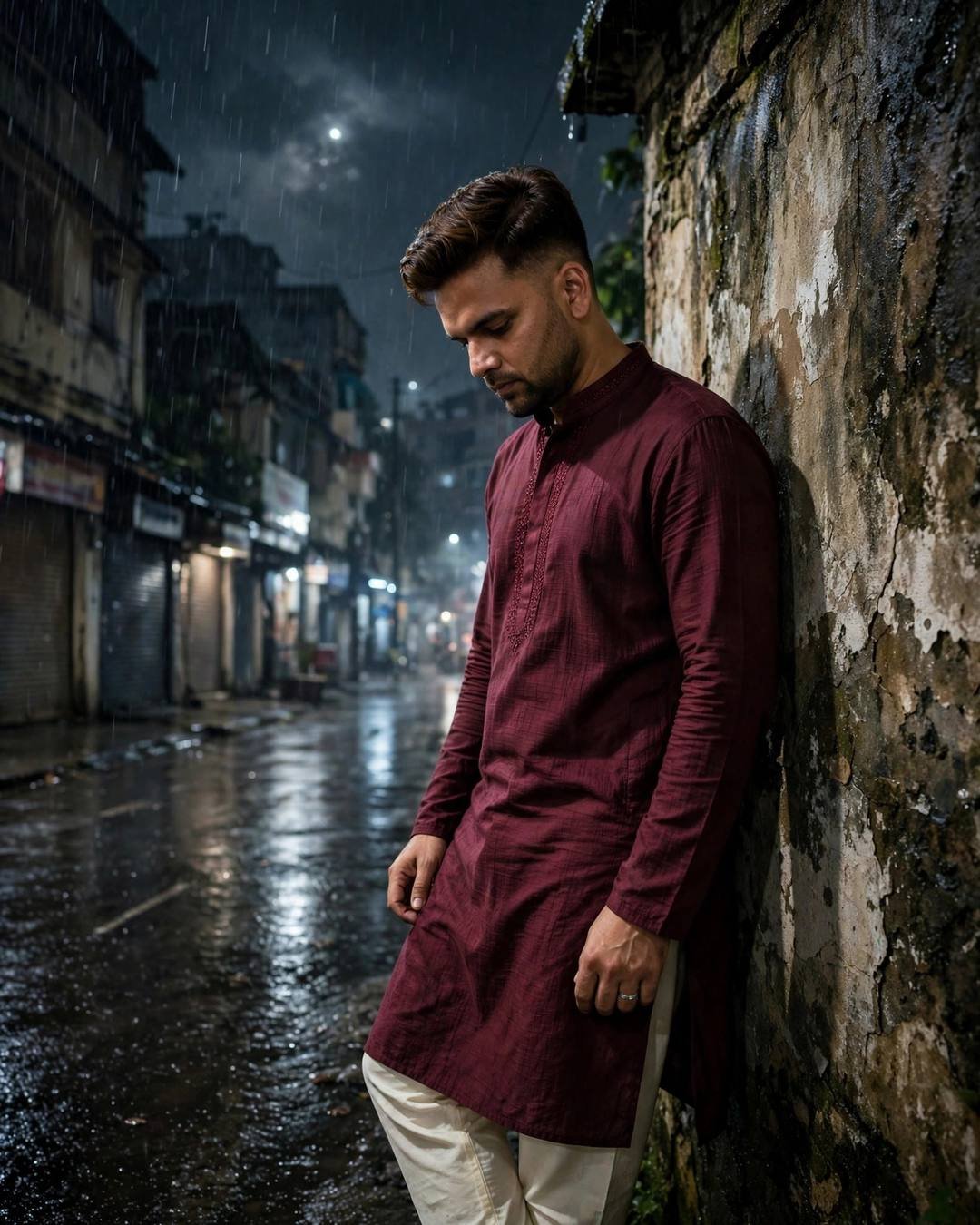 Young Indian man in a maroon kurta leaning against a weathered wall on a rain-soaked street at midnight