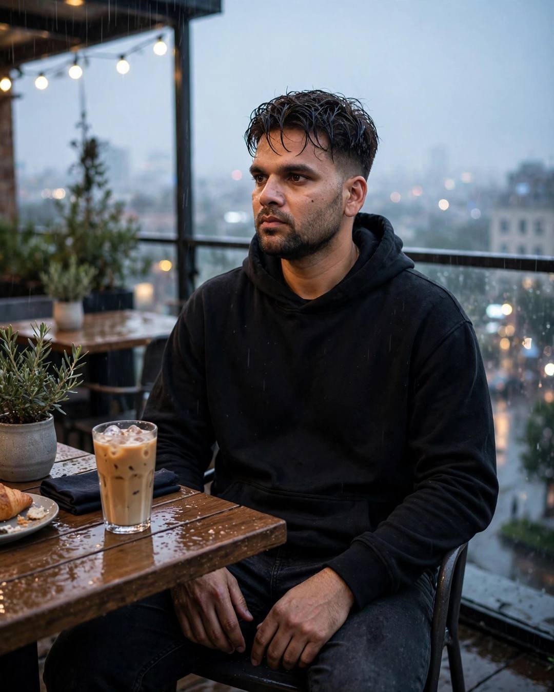 Young Indian man in a black hoodie sitting at a rainy rooftop cafe table with a cold coffee at dawn
