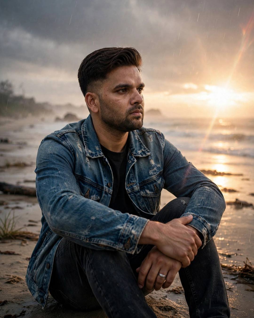 Young Indian man in a denim jacket sitting with knees drawn up on a rainy beach at golden dusk