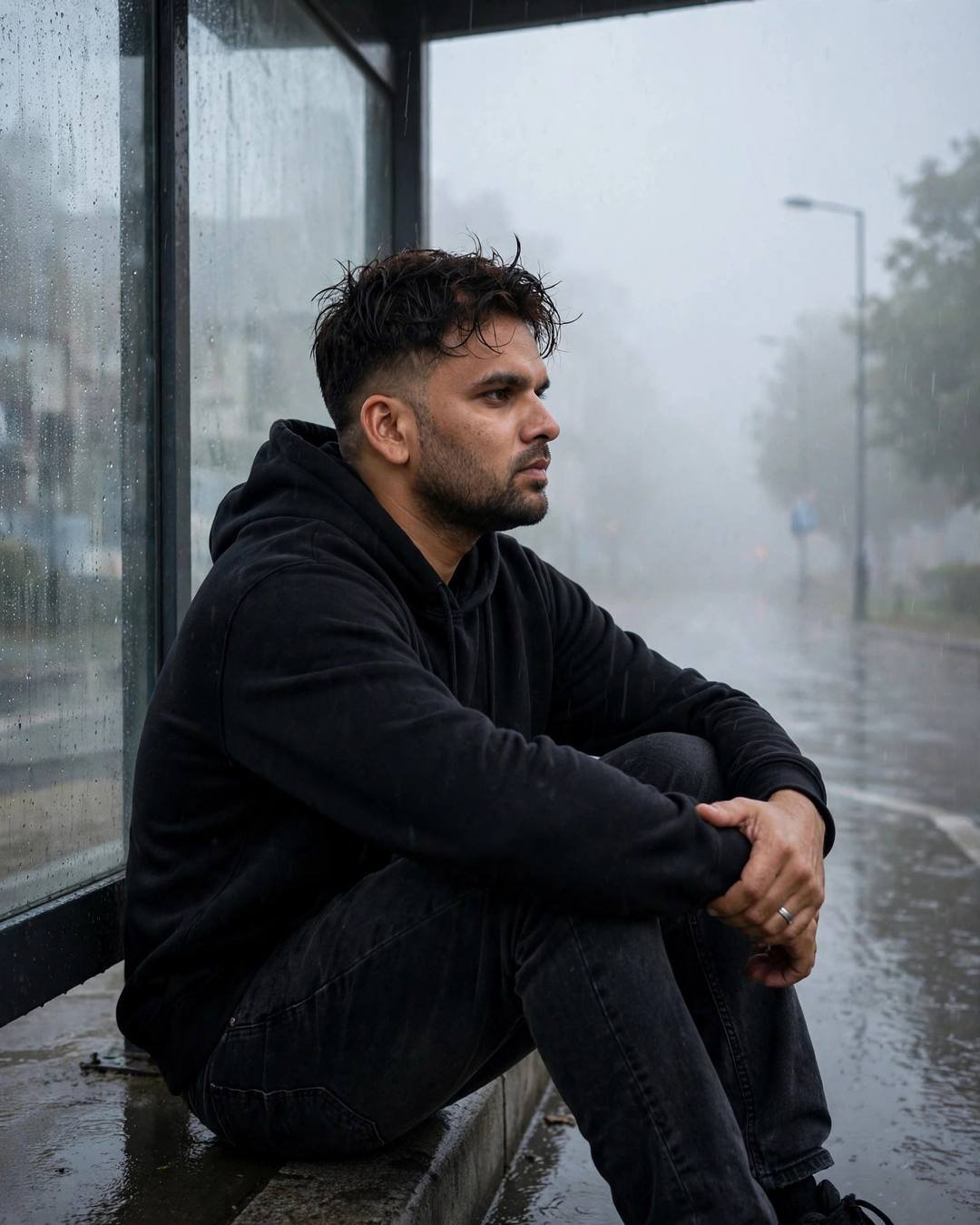 Young man in hoodie sitting with knees drawn up at a foggy bus stop