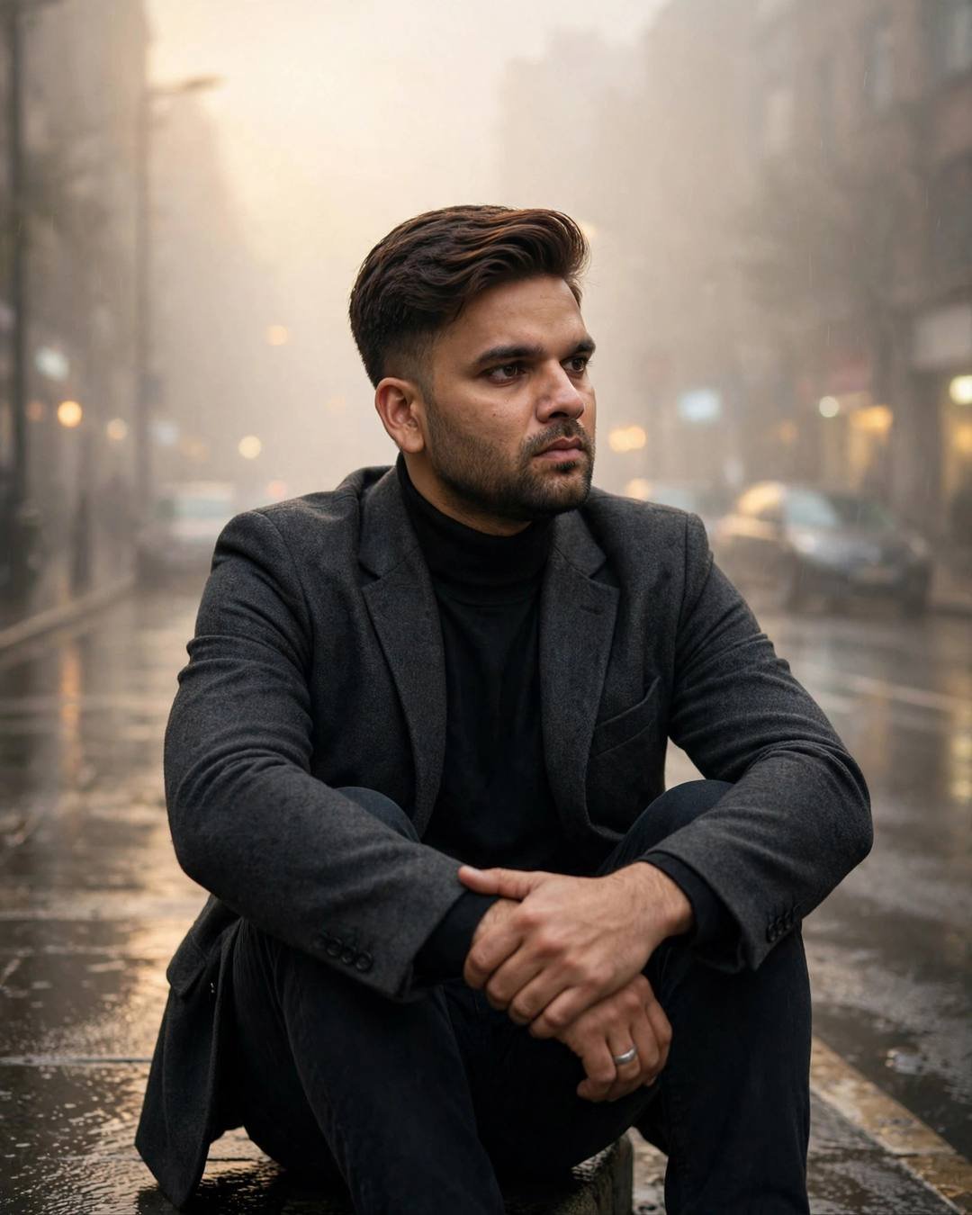 Man in blazer sitting with knees drawn up on a foggy rain-soaked street