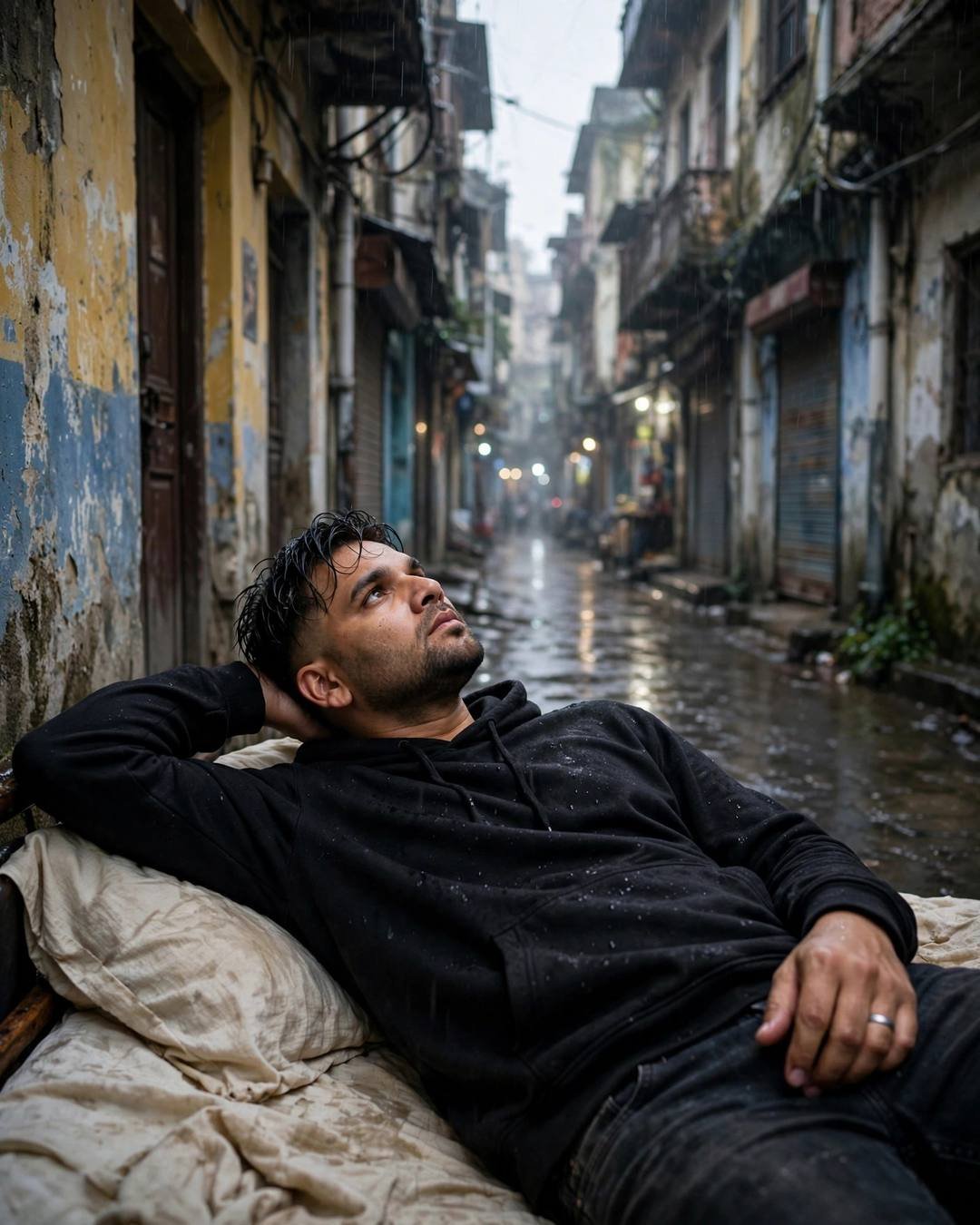 Man in black hoodie lying in a narrow rain-wet old-city lane with peeling walls at dawn