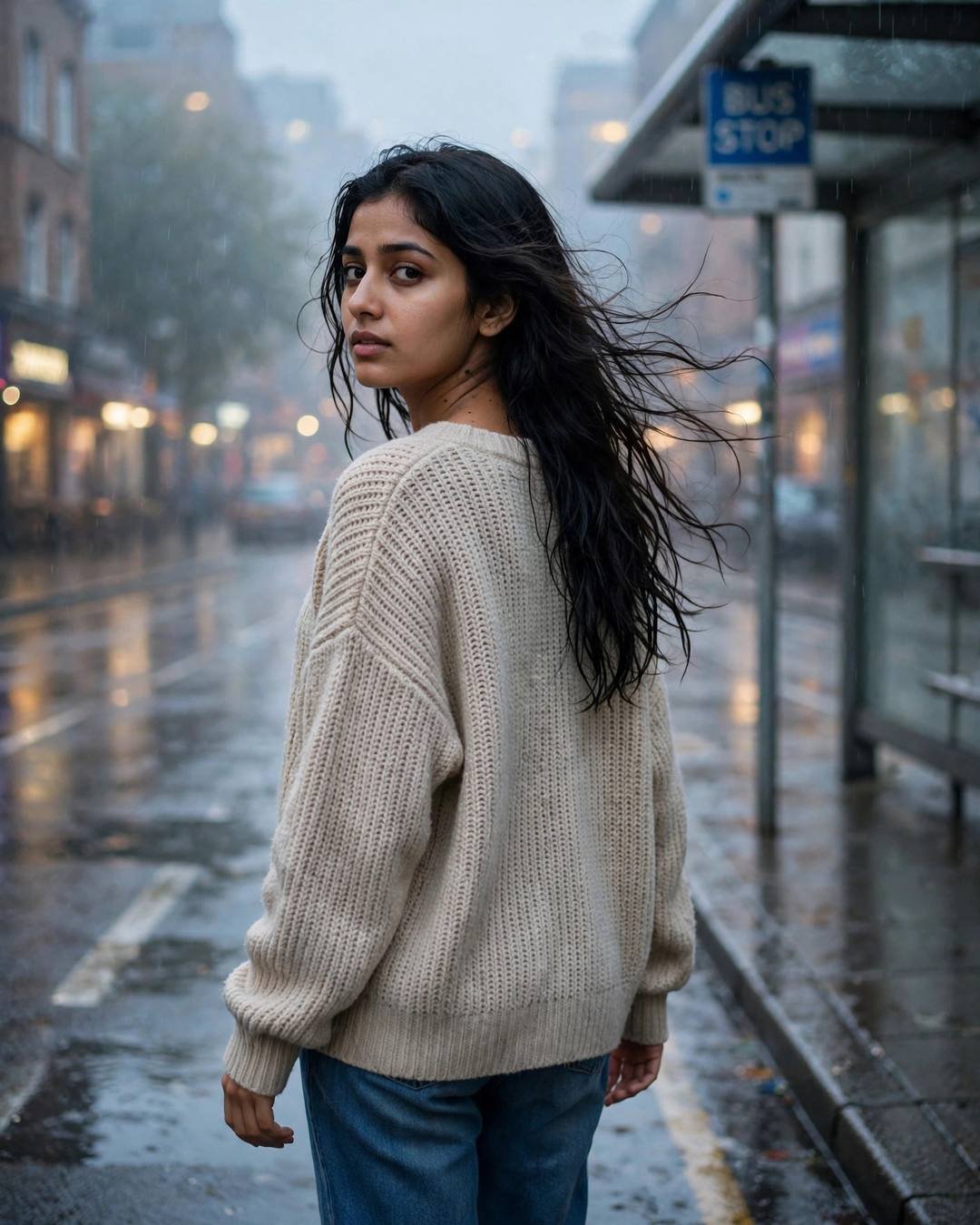 Young Indian woman in oversized beige sweater looking over her shoulder at a rainy bus stop