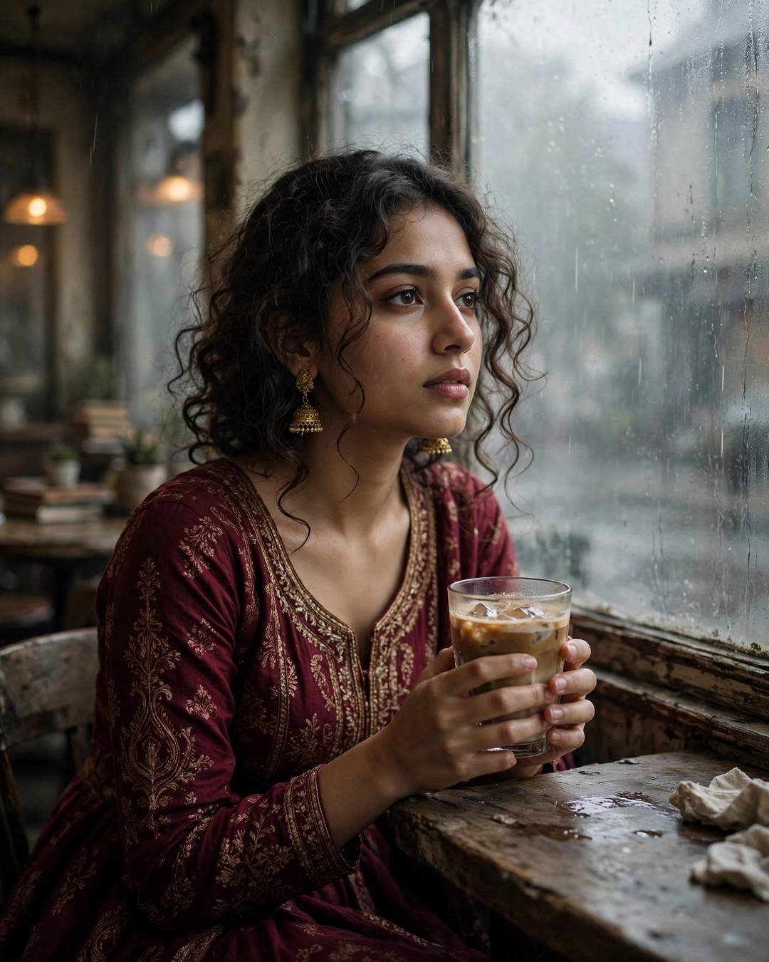 Young woman in maroon anarkali with cold coffee at a fogged cafe window
