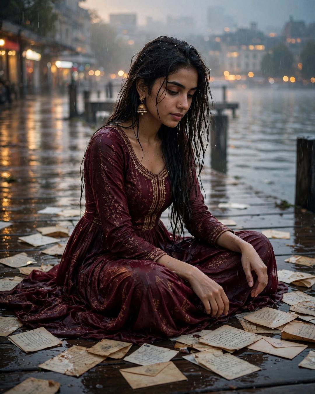 Young woman in maroon anarkali sitting among letters on a rainy pier