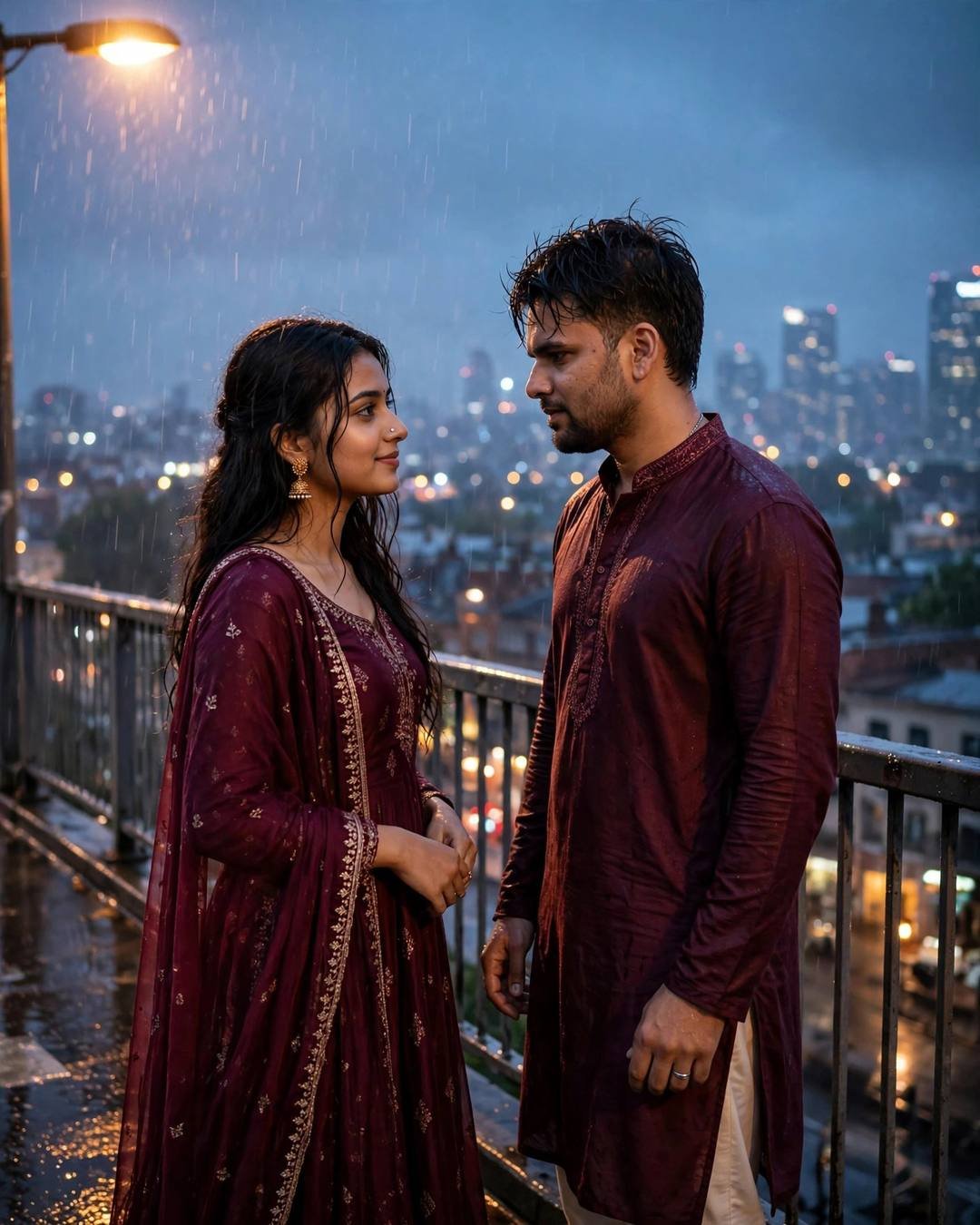 Cycling through tea gardens — maroon kurta with cream churidar, towel-dried tousled hair standing on a bridge, looking at each other while the city blurs