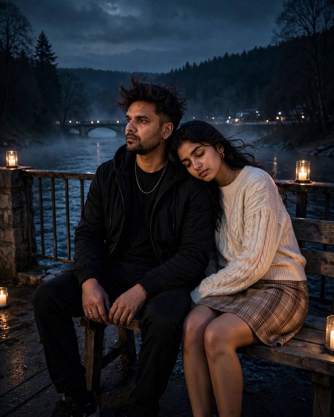 Couple sitting close on a bridge bench at night, her head on his shoulder, candles and river behind