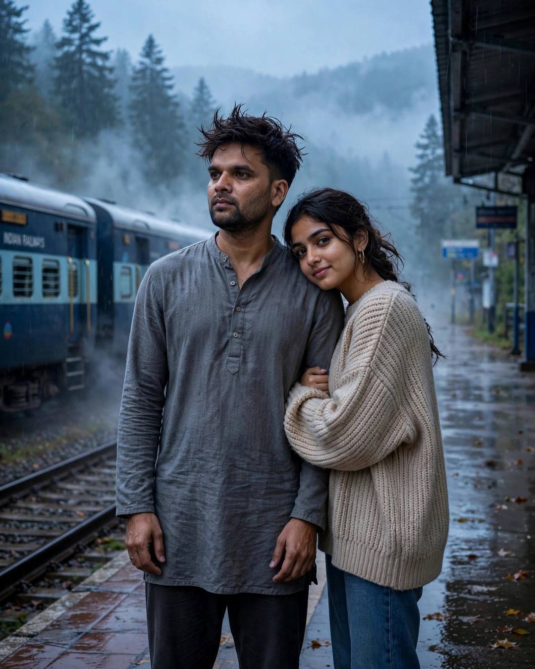 A waterfall mist rainbow behind them — grey kurta with dark pajama, slightly messy morning hair one last hug at a railway platform as the train waits