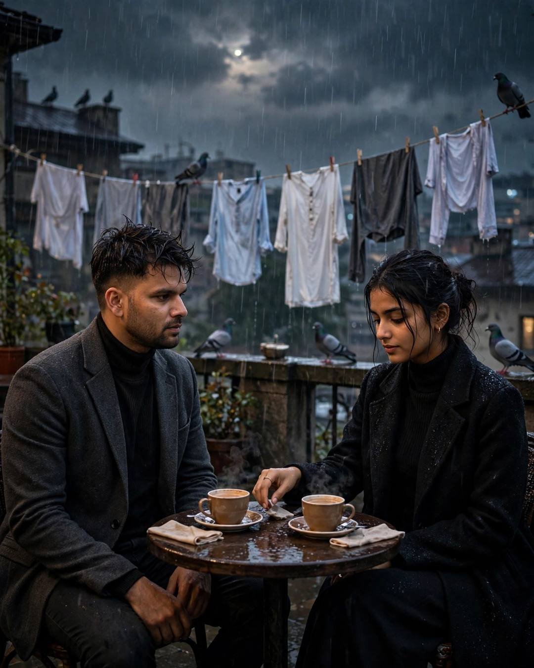 Couple at a small table on a rainy rooftop terrace at night with pigeons and washing lines, moonlit rain