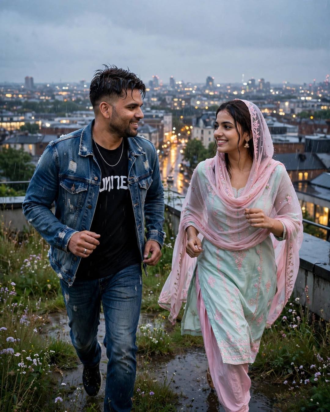 Couple running toward each other on a rooftop at night above city lights, man in denim jacket, woman in pastel salwar