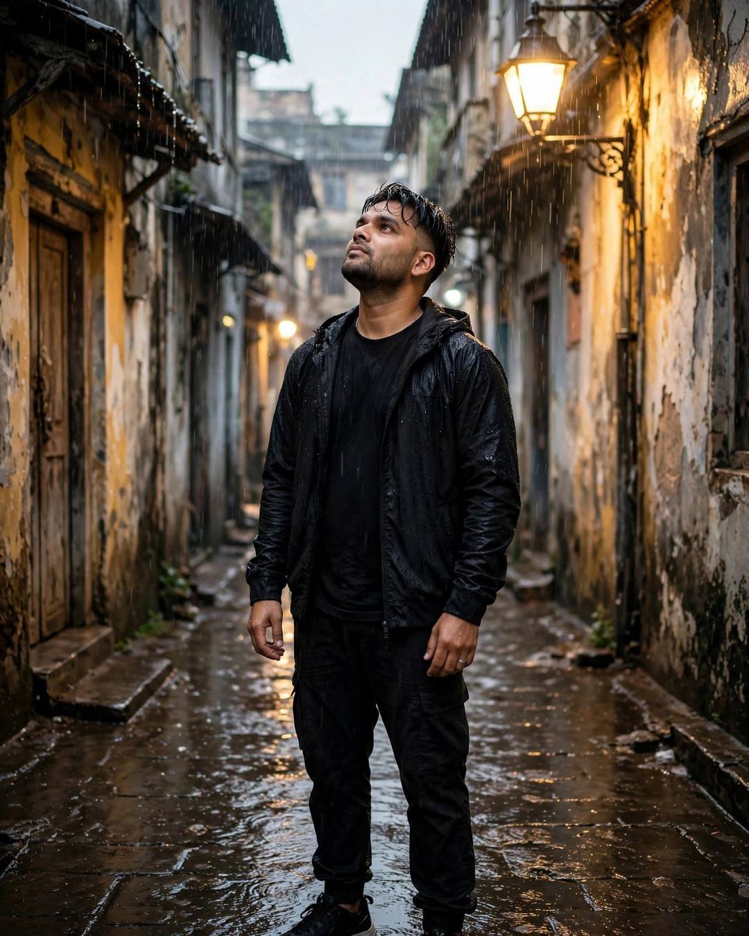 Young Indian man in black streetwear standing under a streetlamp in the rain, face lifted up