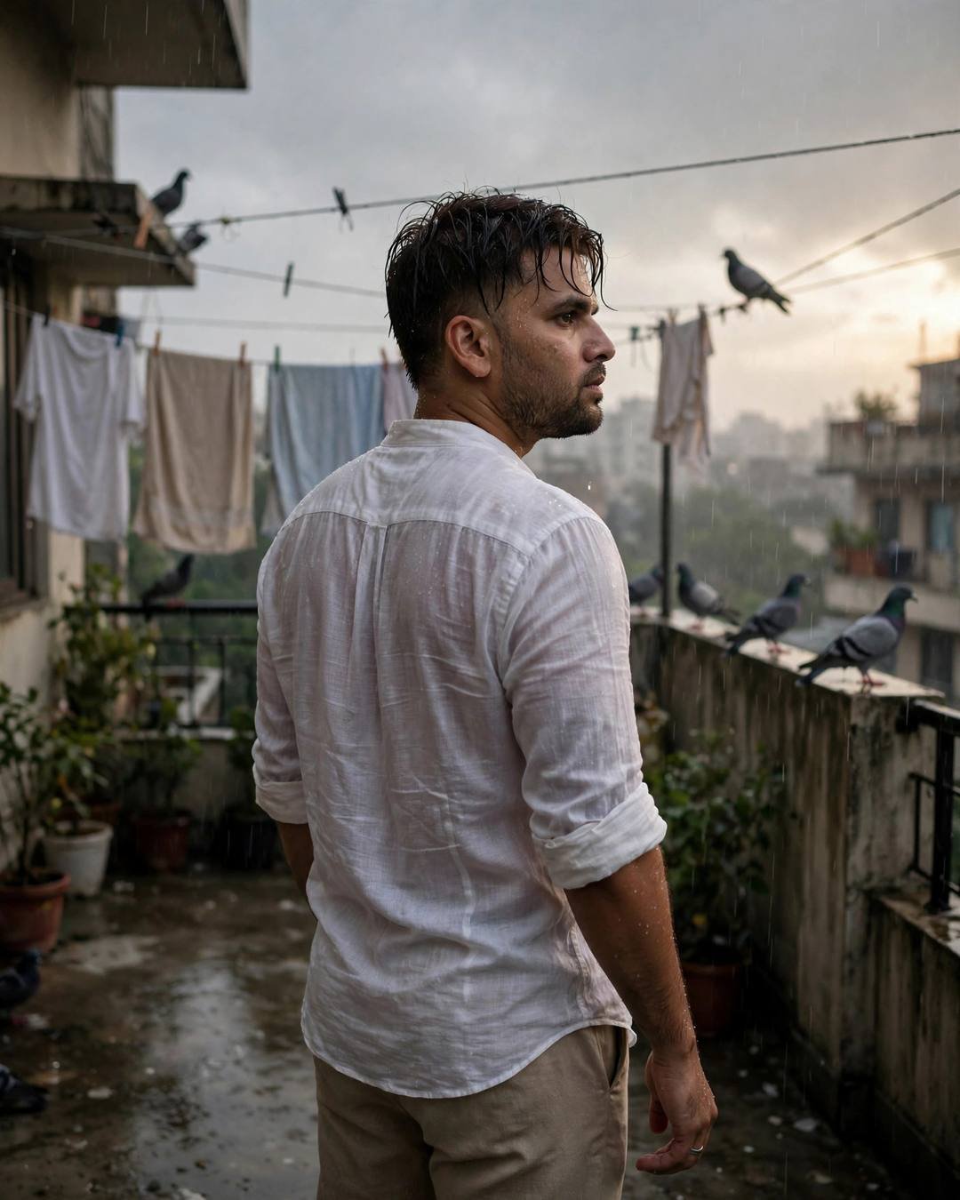 Young Indian man in white linen shirt on a rainy terrace, looking back over his shoulder