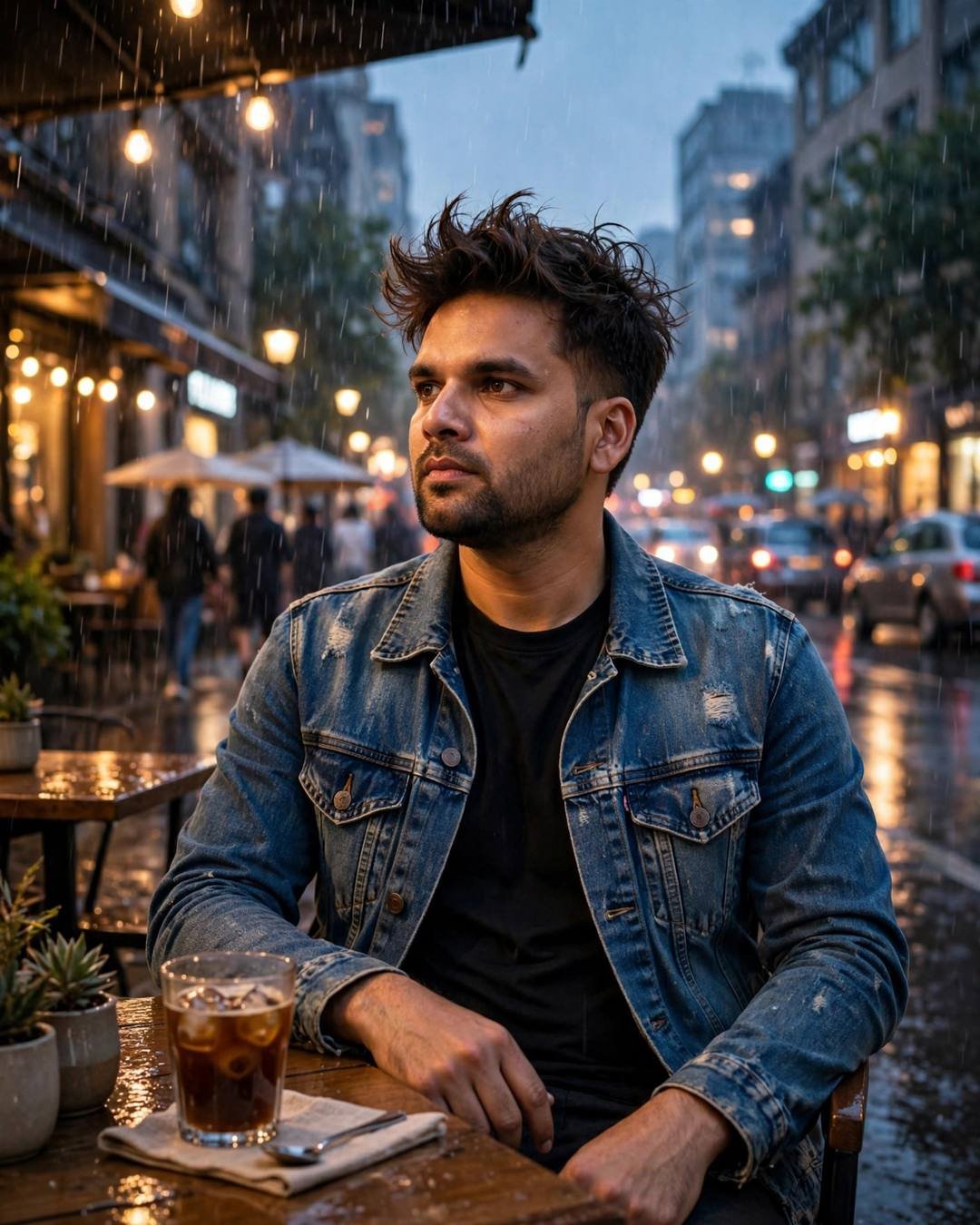 Chai in a kulhad as announcements echo — distressed denim jacket over black tee, windswept textured hair sitting at a cafe table, cradling a cold coffee, lost in thought