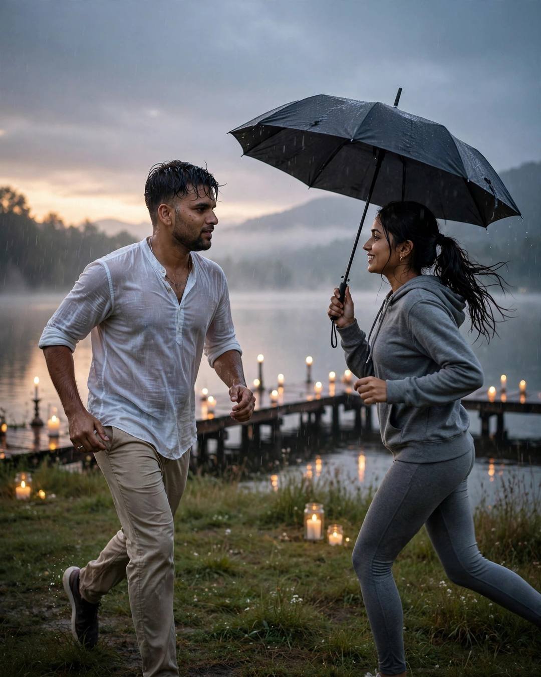 Couple running in the rain by a candlelit lake pier at dawn, woman holding an umbrella, both laughing
