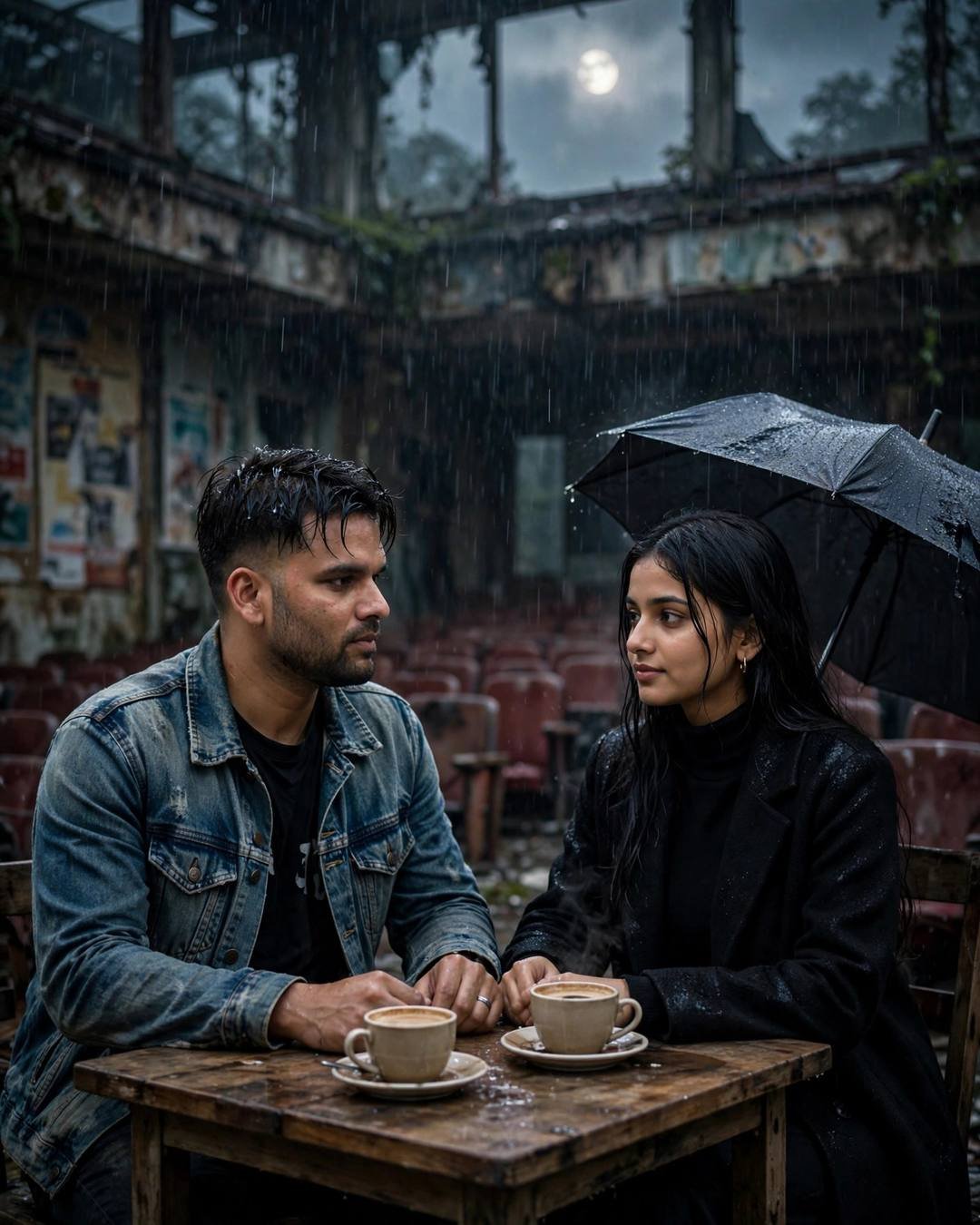 Couple at a small cafe table in a ruined open-air cinema, sharing corn in the rain under moonlight