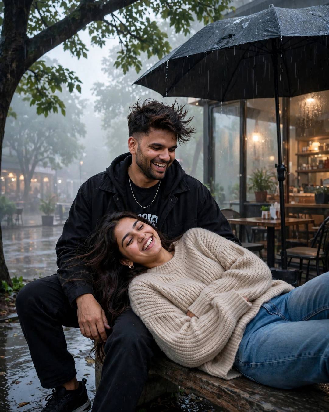 Laughing couple under a tree in rain, woman's head in man's lap, umbrella above