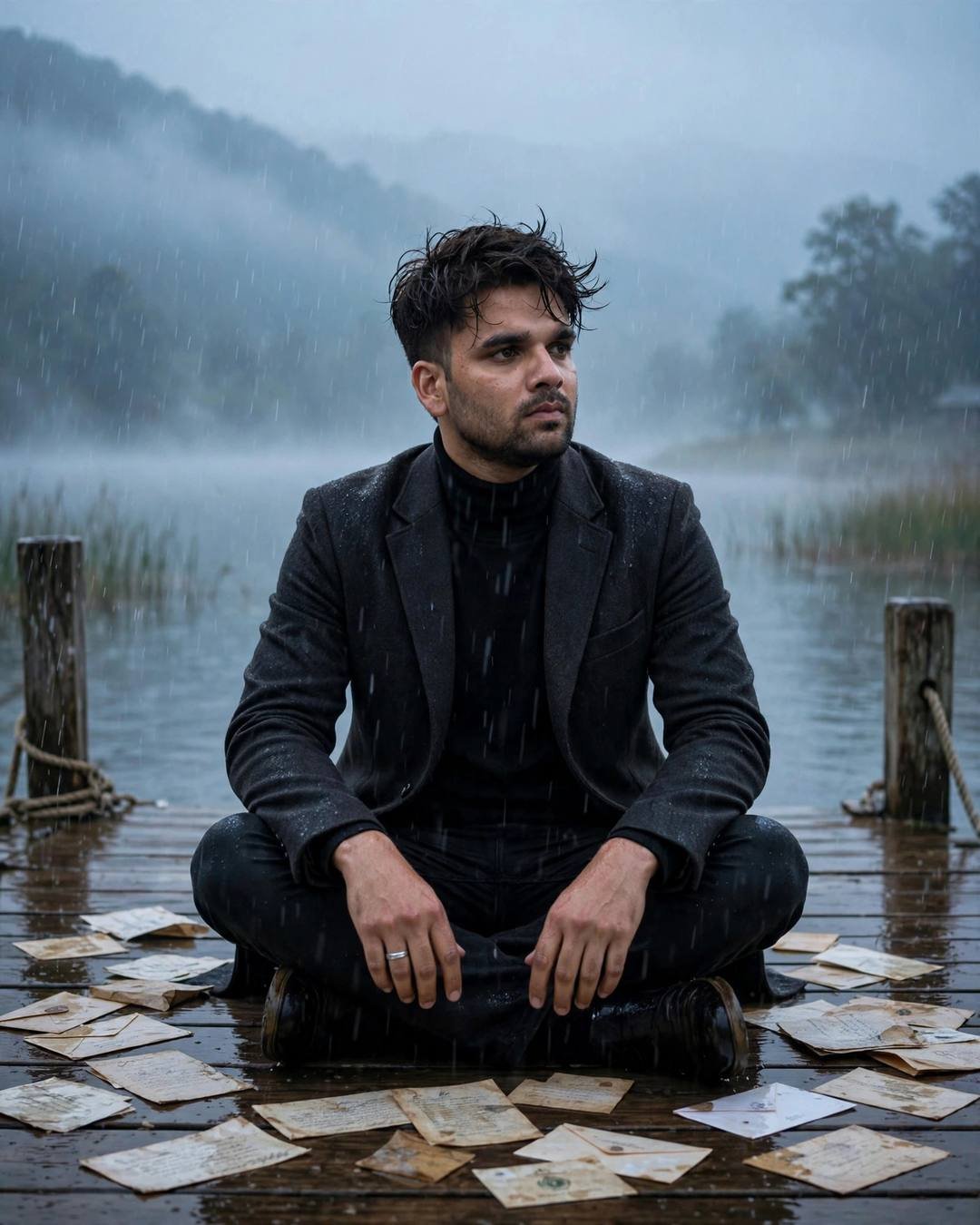 Young Indian man in charcoal blazer on a rainy lake pier at dawn, breath fogging, old letters around him
