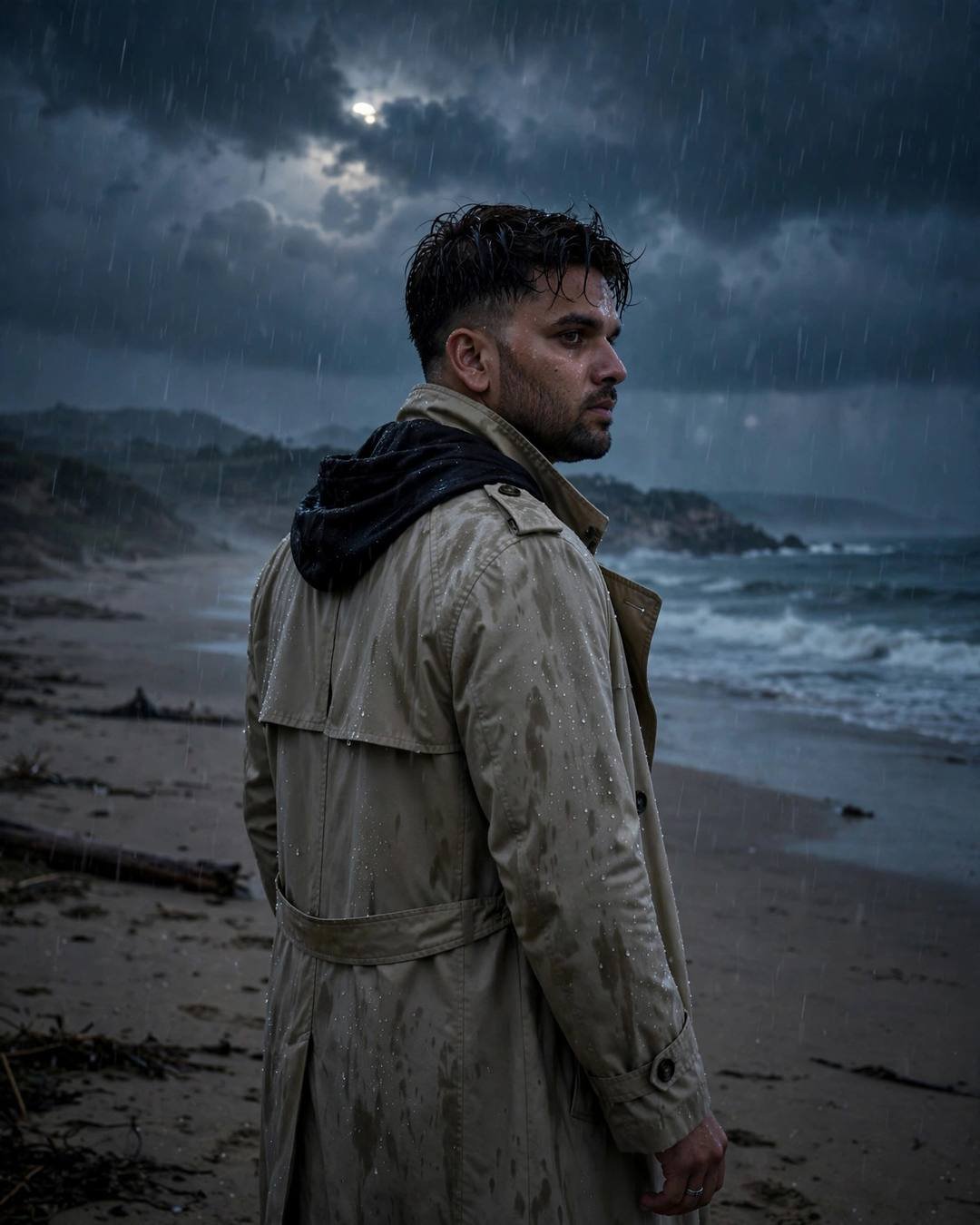Young Indian man in beige trench coat on a rainy platform edge, looking back at a deserted beach under moonlight