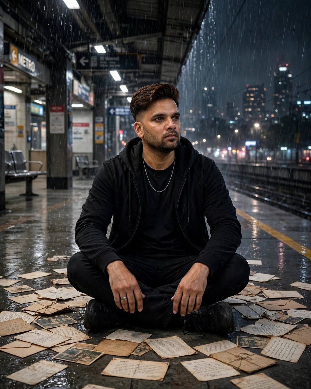 Young man in black streetwear sitting cross-legged on a rainy metro platform among old letters
