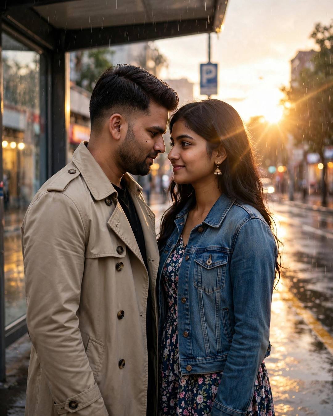 Couple with foreheads almost touching at a rainy bus stop in golden hour light, man in beige trench coat