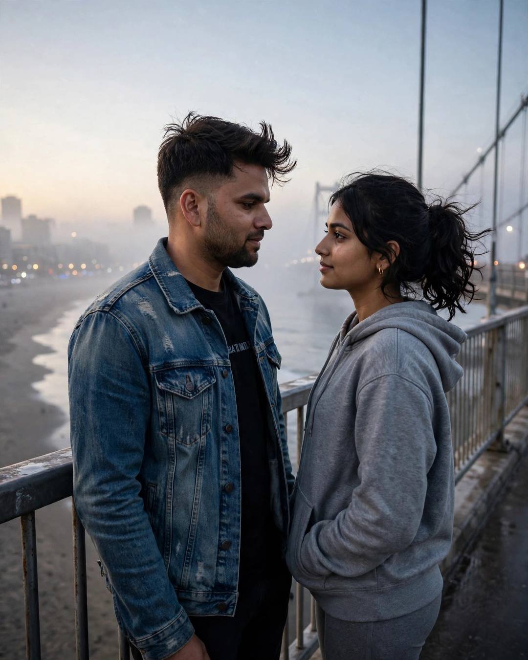 Couple standing face to face on a foggy bridge at golden hour