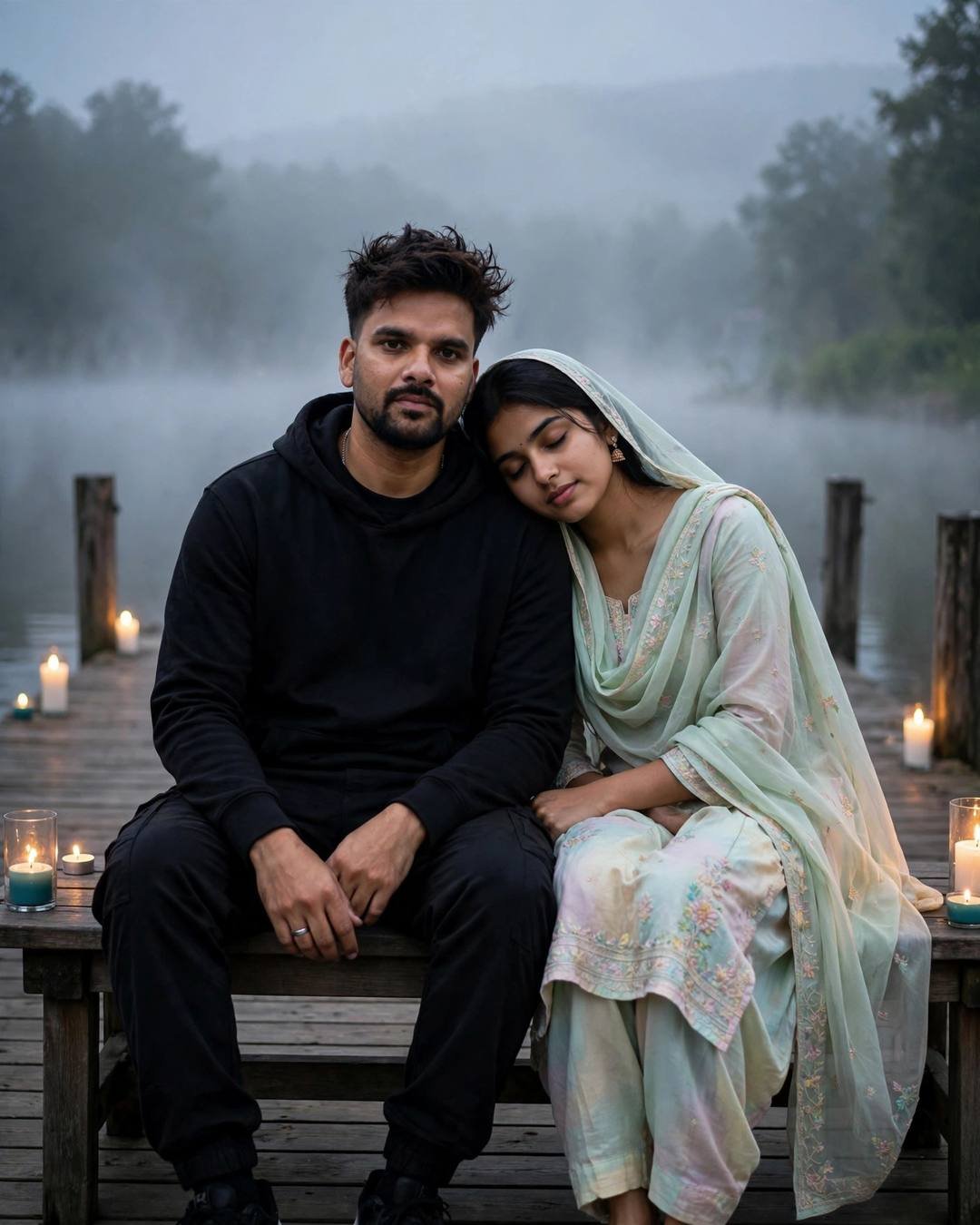 Man placing a jasmine garland in his partner's hair on a foggy pier at dawn
