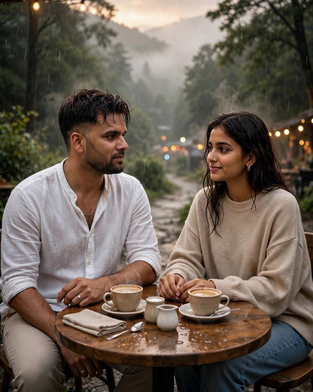 Couple at a cafe table on a misty forest path in golden rain, hands nearly touching over coffee cups