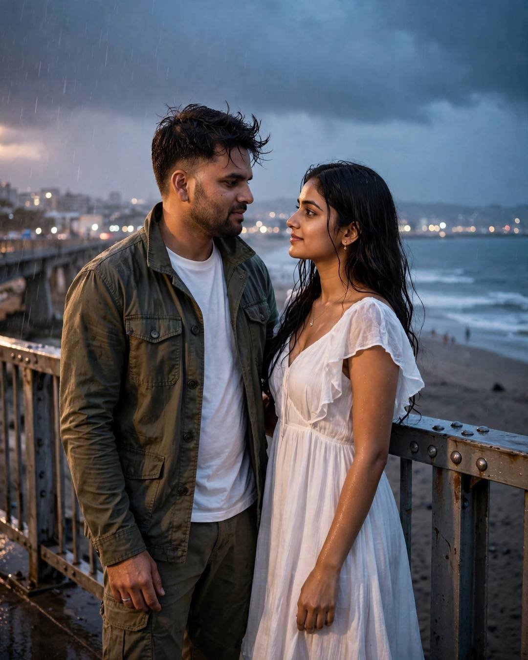 Laughing couple on a bridge in light rain at dusk, man in olive jacket, woman in white dress, city blurred behind