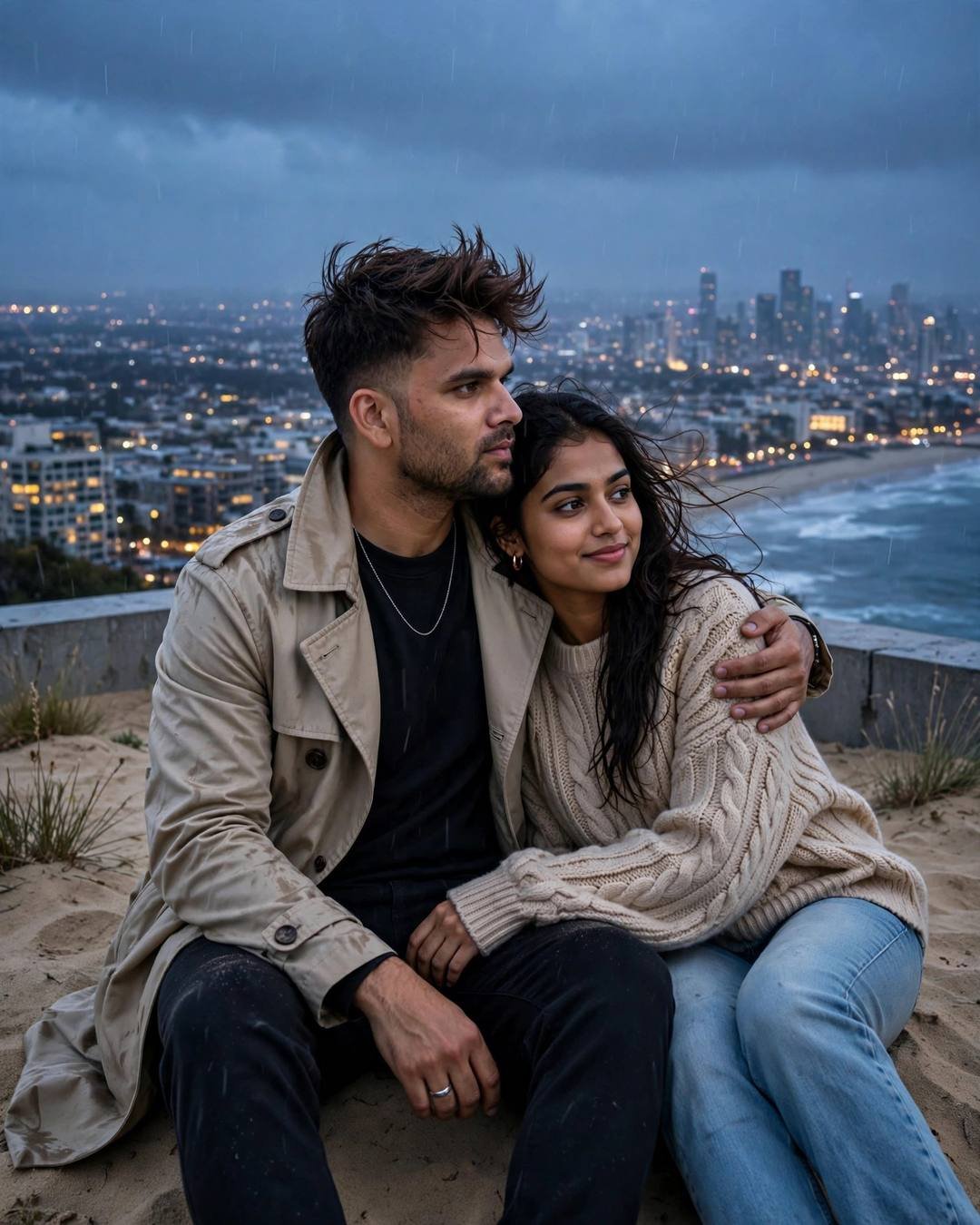 Watching the city sleep from a water — beige trench coat over dark layers, windswept textured hair sitting on the sand watching the waves, his arm around her