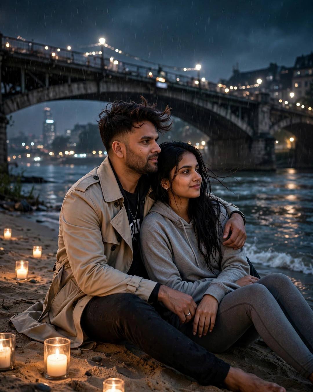 Kite flying from a terrace at dusk — beige trench coat over dark layers, windswept textured hair sitting on the sand watching the waves, his arm around her