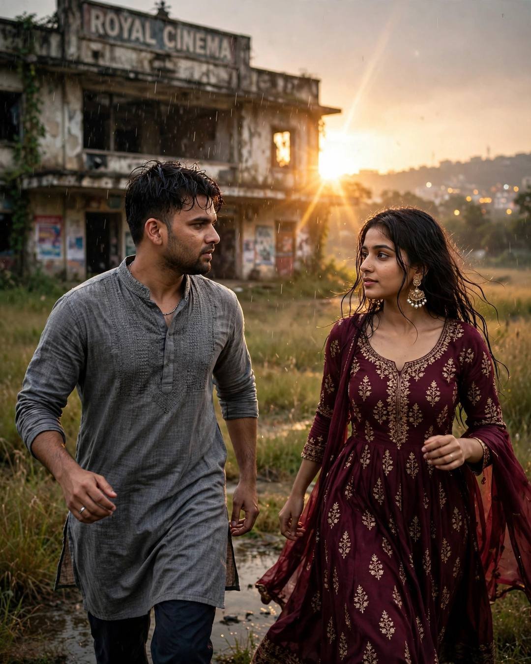 Couple running toward each other across a field before an abandoned cinema hall at sunset in drizzle