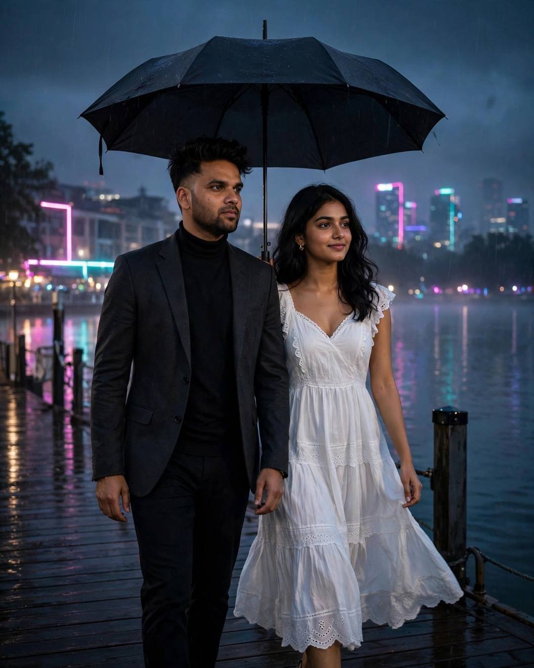 A brass telescope between them as she — charcoal blazer, black turtleneck, windswept textured hair walking side by side under one umbrella, shoulders touching at quiet lake pier