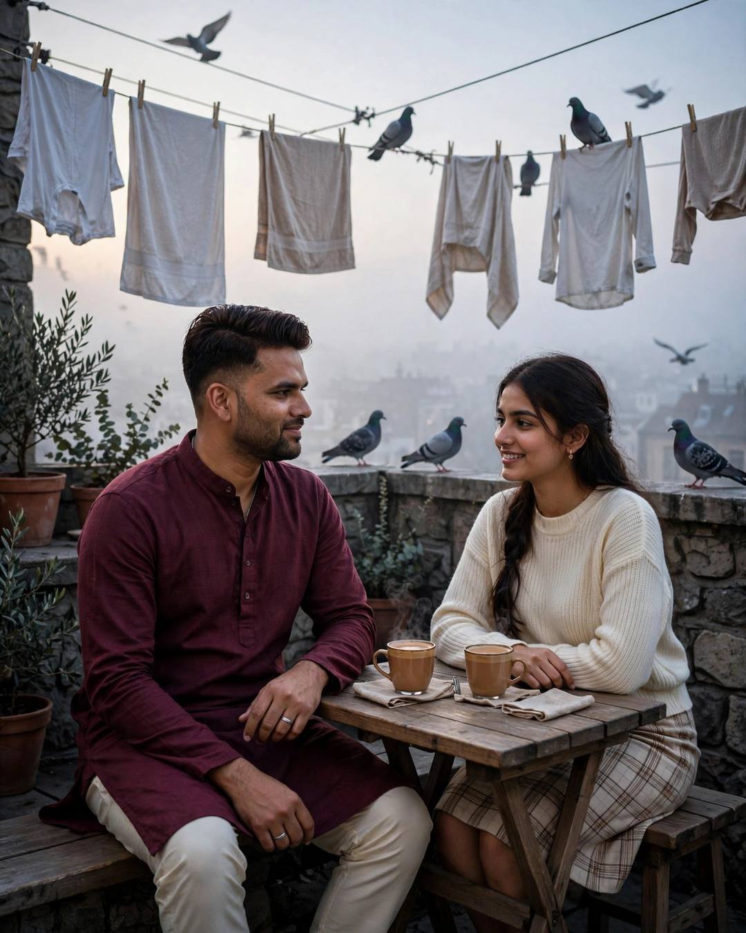 Couple sharing chai at a small table on a rooftop terrace with clotheslines and pigeons at foggy dawn
