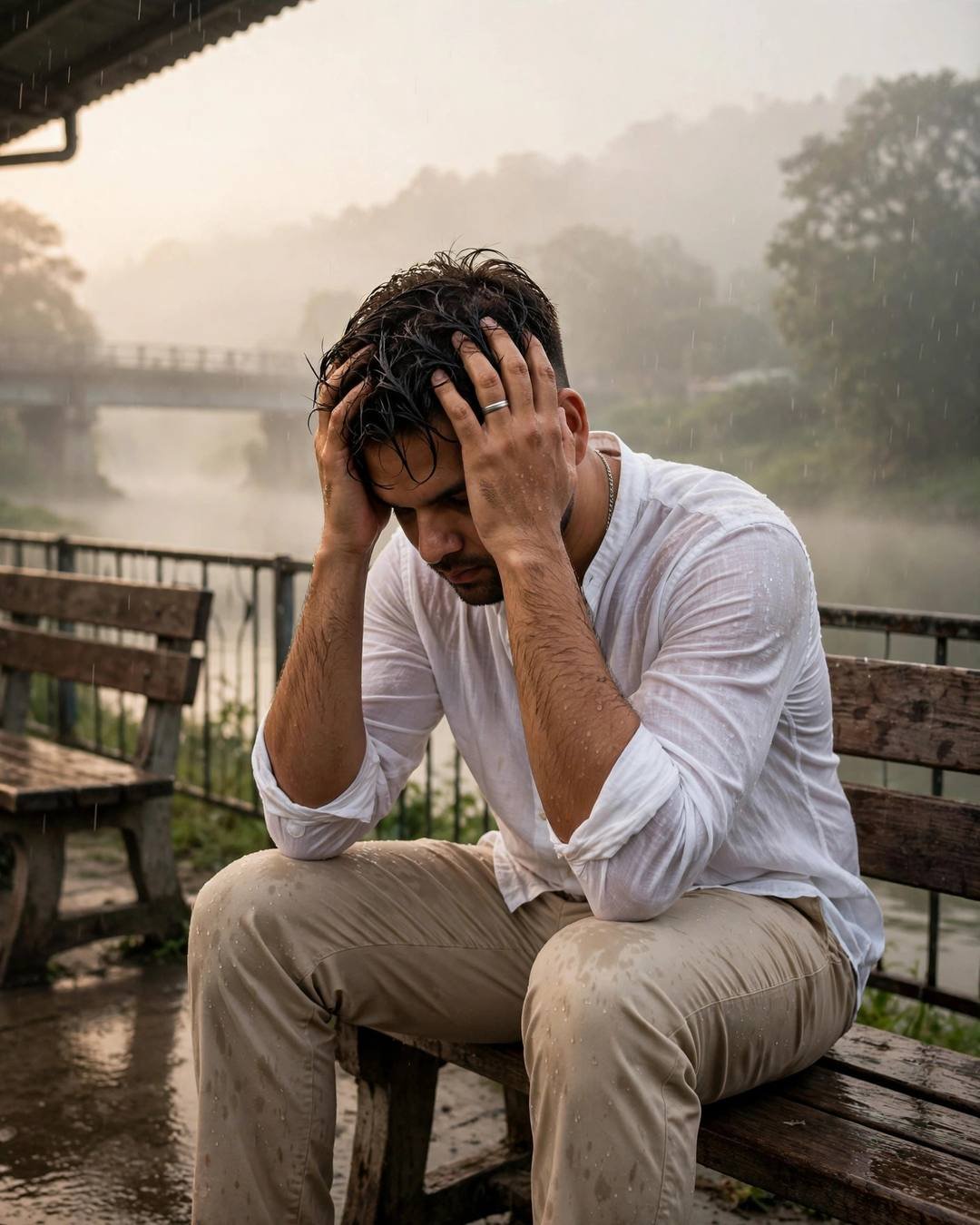 Man with head in hands on a foggy riverside bench at golden hour